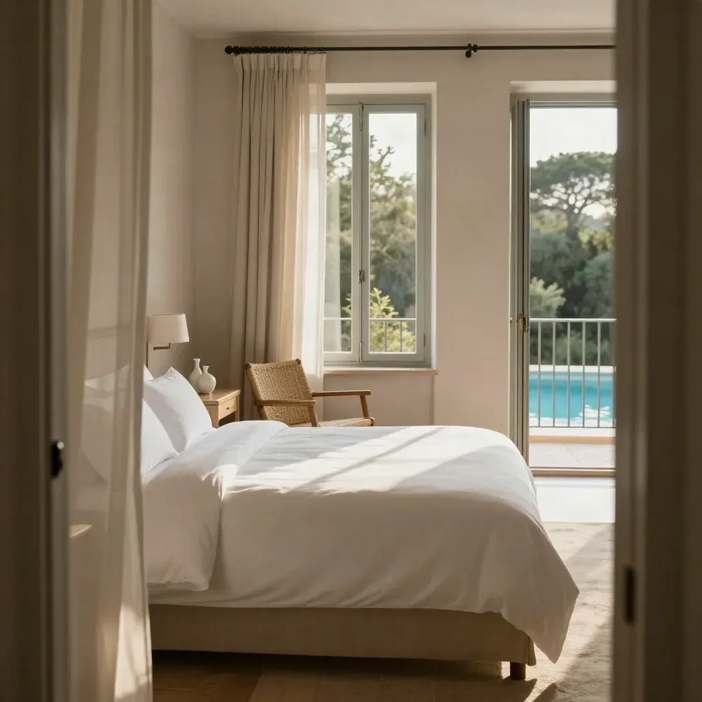 Camera doppia luminosa con letto bianco, sedia intrecciata, caraffa e balcone sulla piscina