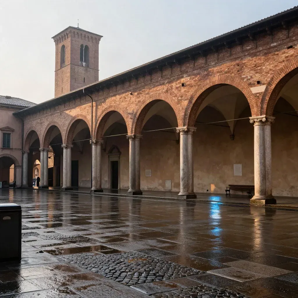 Arcate porticate di Bologna e torre in controluce dopo la pioggia, piazza bagnata e luce dorata.